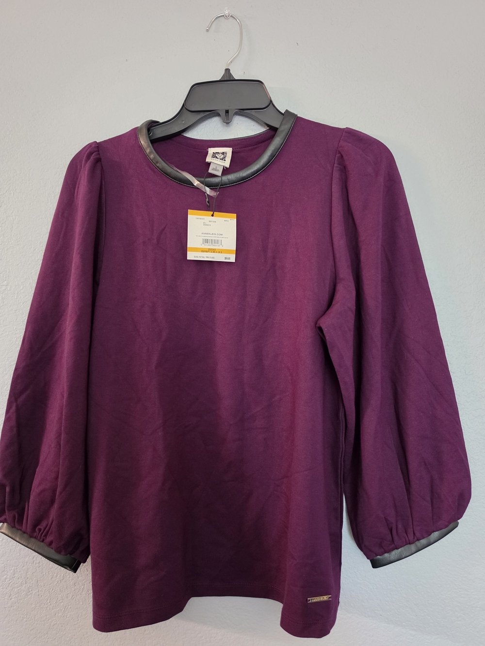 Anne Klein Plum Puff-Sleeve Top with Faux Leather Trim
